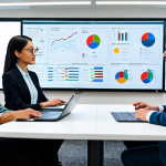 A diverse team of professionals in a modern, well-lit conference room, fully clothed, modest clothing, appropriate attire, professional dress. They are gathered around a large digital screen displaying complex communication strategies and data visualizations. Individuals are collaborating, discussing, and pointing at the screen. Natural poses, perfect anatomy, correct proportions, well-formed hands, proper finger count, natural body proportions. The room is clean and organized, fostering a focused and collaborative atmosphere. High-resolution, professional photography, crisp details, realistic. safe for work, appropriate content, fully clothed, professional.