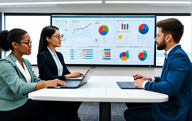 A diverse team of professionals in a modern, well-lit conference room, fully clothed, modest clothing, appropriate attire, professional dress. They are gathered around a large digital screen displaying complex communication strategies and data visualizations. Individuals are collaborating, discussing, and pointing at the screen. Natural poses, perfect anatomy, correct proportions, well-formed hands, proper finger count, natural body proportions. The room is clean and organized, fostering a focused and collaborative atmosphere. High-resolution, professional photography, crisp details, realistic. safe for work, appropriate content, fully clothed, professional.
