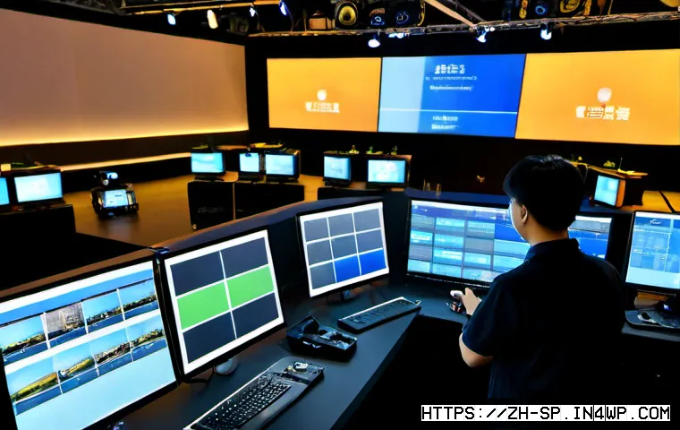 하이브리드 이벤트 기획의 필수 요소 - Photorealistic modern hybrid event control room, professional event planner coordinating an on-site ...