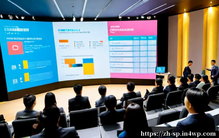 하이브리드 이벤트에서의 실시간 피드백 제공 방법 - Photorealistic hybrid business event in a modern conference hall, diverse presenter on a small stage...