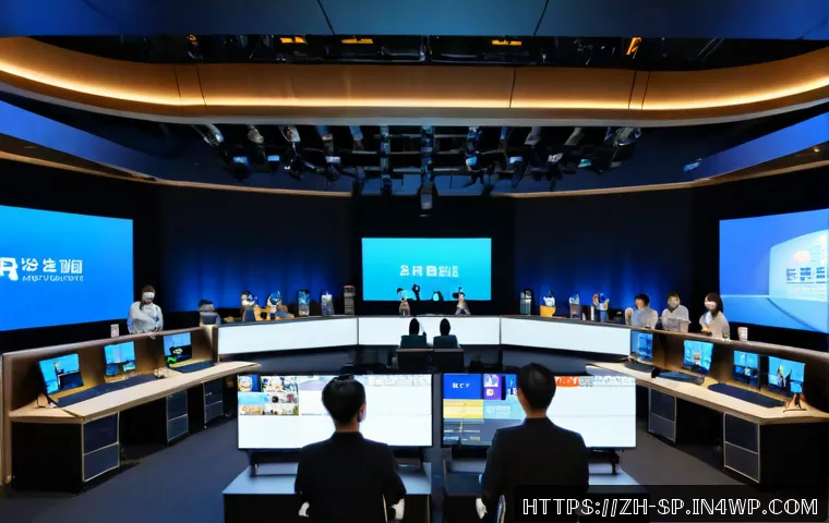 하이브리드 이벤트 기획의 미래 기술 동향 - Photorealistic hybrid event control room, diverse event planners monitoring a large seamless video w...